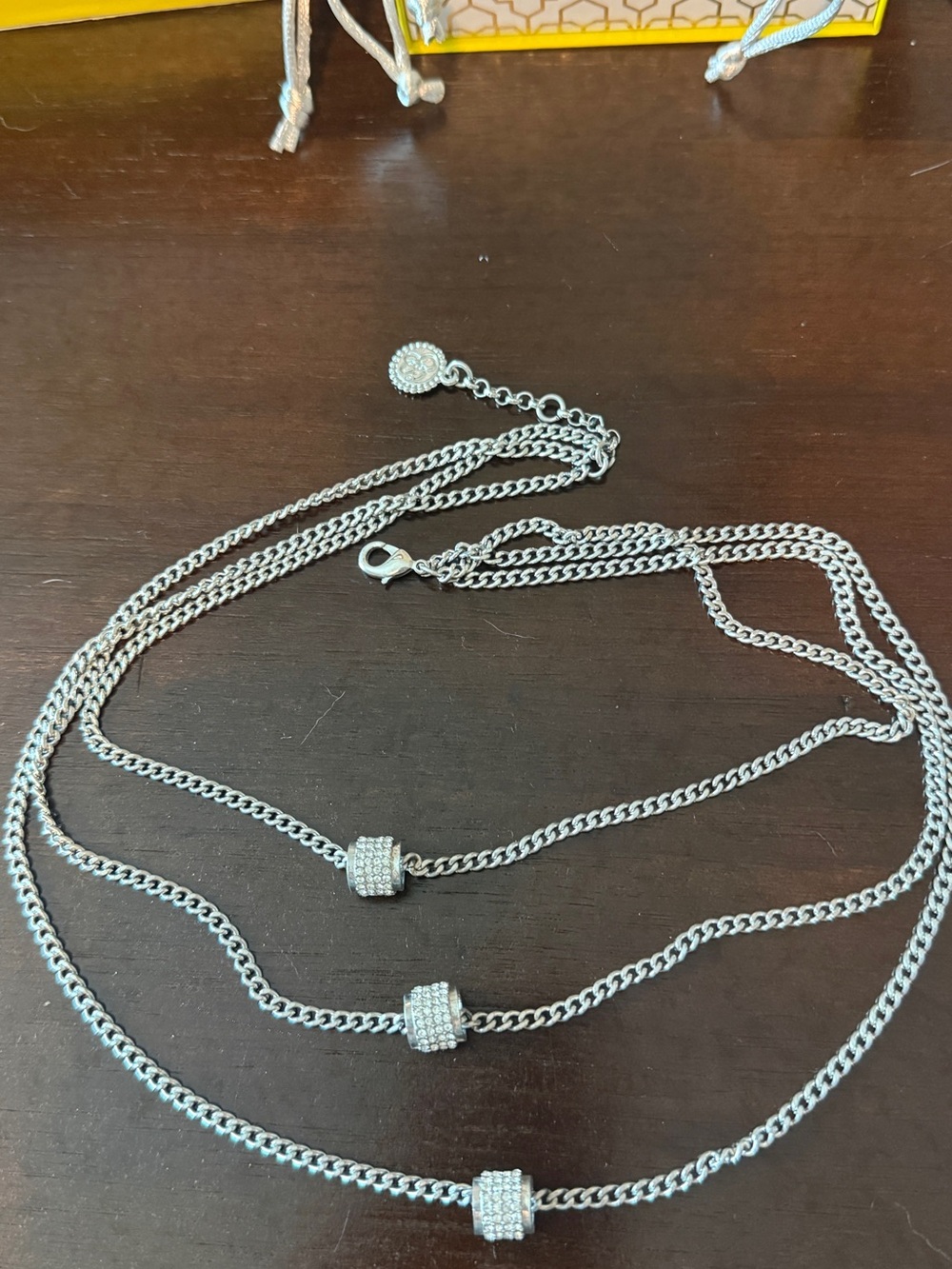 Jessica Simpson Silver Triple Strand Necklace with Pave Cylinder Accents